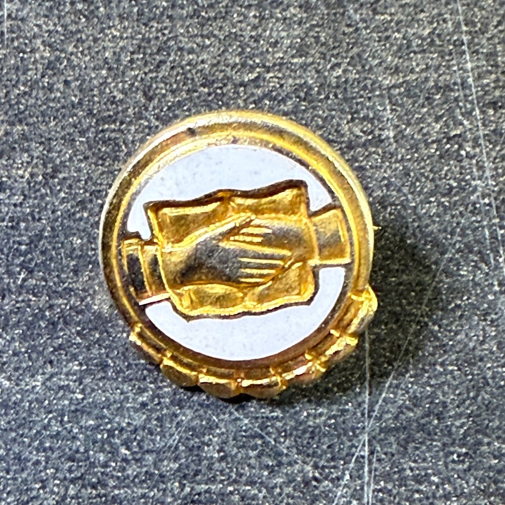 Vintage Gold Tone Shaking Hands Lapel Pin Brotherhood Friendship Symbol